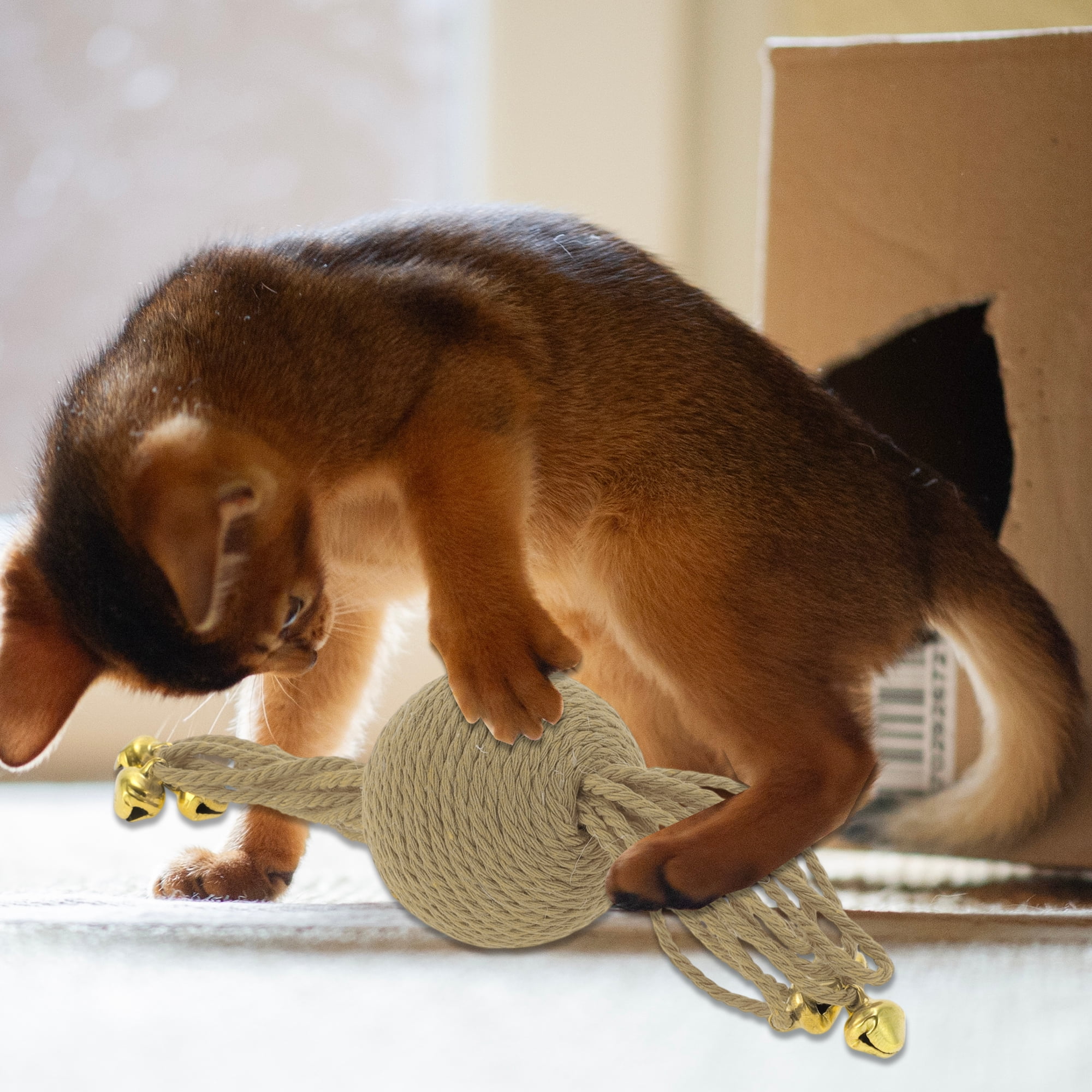 Unique Bargains Cat Playing Ball with Bell for Indoor Khaki