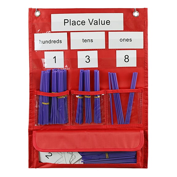 7 Pockets Place Value Pocket Chart with Straws, 13x18Inch Math Counting Pocket Chart for Classroom Chalkboard