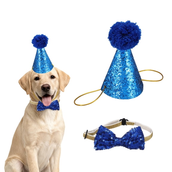 Uxcell Dog Birthday Hat and Bowtie, Mini Small Dog Hats Cat Birthday Party Hat with Pompons Adjustable Decor Sequins Cute Costume Accessories (Navy Blue 1 Pcs) for Puppies/Kitten/Grooming
