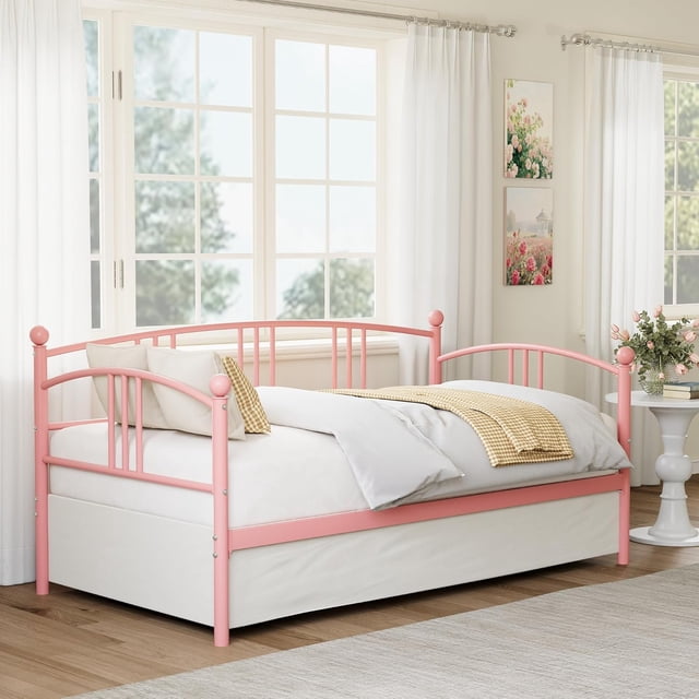 Twin Metal Daybed, Metal Sofa Bed Frame with Arched Headboard, Guest Sofa Bed with Steel Slat Support, No Box Spring Required, Easy Assembly, Pink