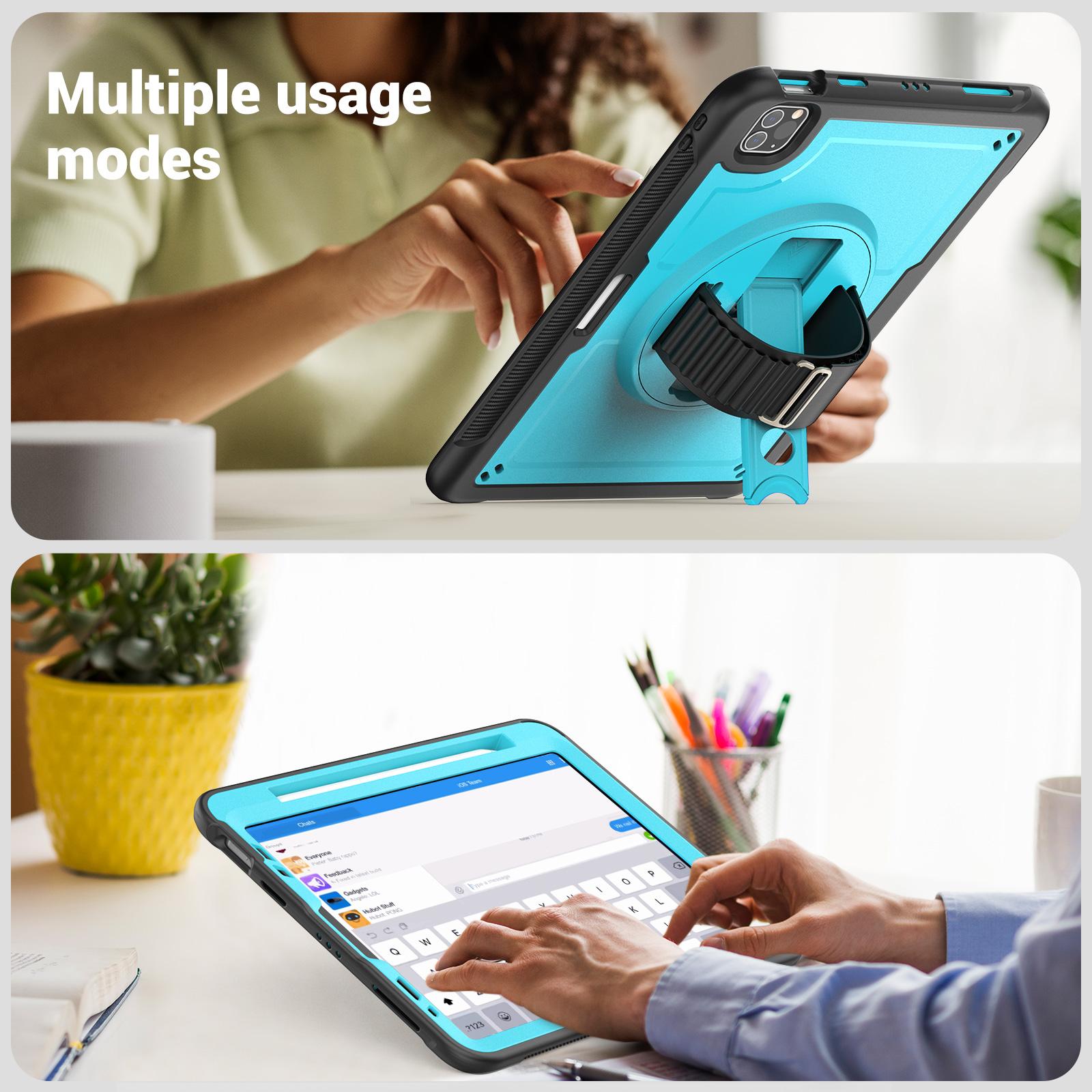ELEHOLD Case for Apple iPad Pro 11 2022/2021/2020/2018/air4 10.9/air5,Soft TPU Rugged Durable Case with 360° Rotating Hand Strap & Foldable Hidden Stand & Pencil Holder,Lightblue