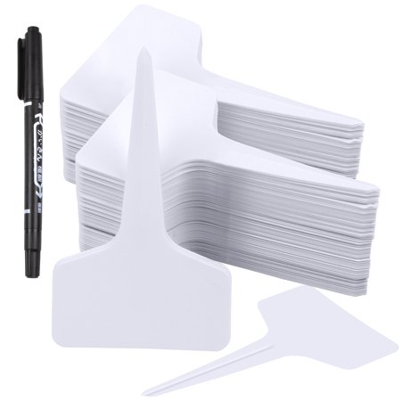 Garden Markers Plant Labels, 200 Pcs T-Type Plant Tags Outdoor Garden Sign Reusable Waterproof Plant Marker for Nursery Flowers Potted with Permanent Marking Pen (White)