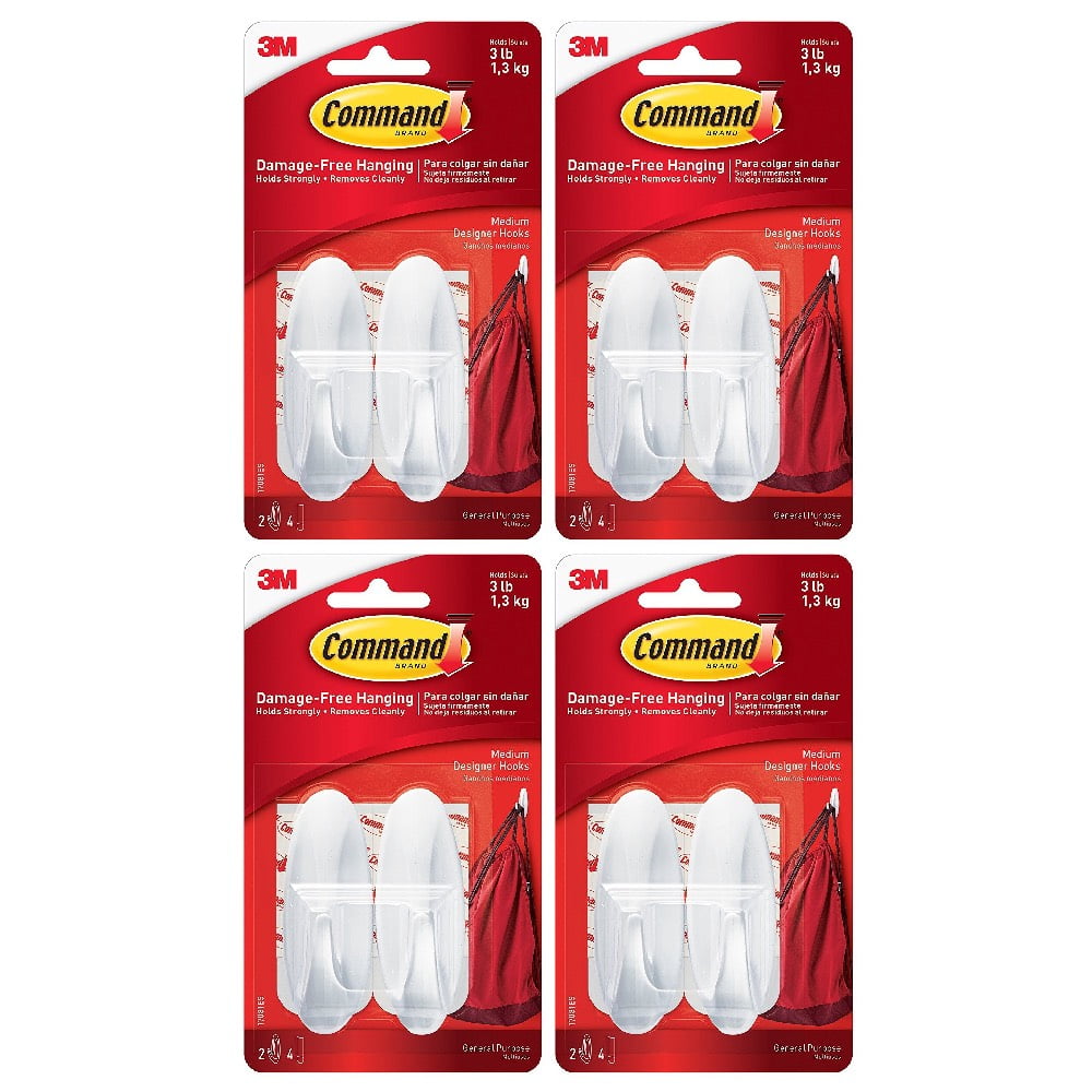 Command Designer Hooks Medium 17081 Holds 3LB Strong Hang 2 Hooks White, 4 Packs