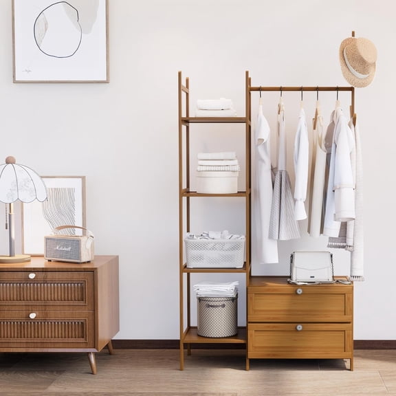 BambooGarment Rack with Drawers & Shelves - Solid Thickened Clothes Organizer for Small Spaces, Tawny Natural Finish, 3-Tier Storage Stand for Coats Hats Pants (31.5 Inch Width)
