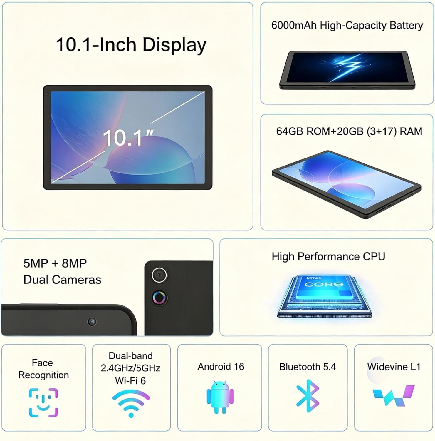 BESTSKI 10 Inch Tablet with Keyboard set, Gemini AI Tablet Octa-Core IPS HD Touchscreen, 20GB+64GB (1TB TF Expandable), Widevine L1, 5000mAh, Wi-Fi 6, Face Unlock, White+ Black Keyboard & Mouse Set