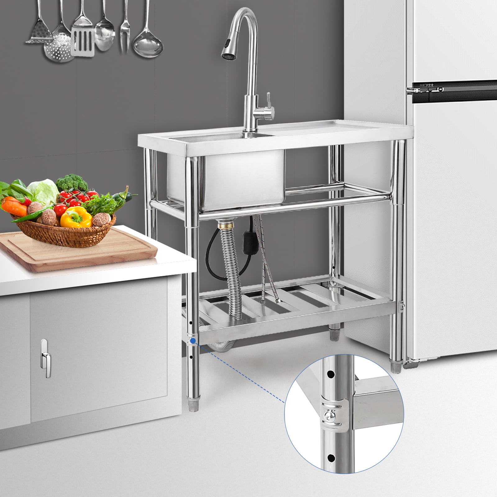 Huisuilinss Stainless Steel Sink Free Standing Single Bowl Kitchen Sink With Workbench Utility Sink With Hot & Cold Hoses For Laundry Room Farmhouse Bathroom Restaurant Garage