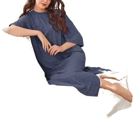 

Casual Plain Round Neck Sleepshirts Dusty Blue 3/4 Sleeve Women Nightgowns & Sleepshirts