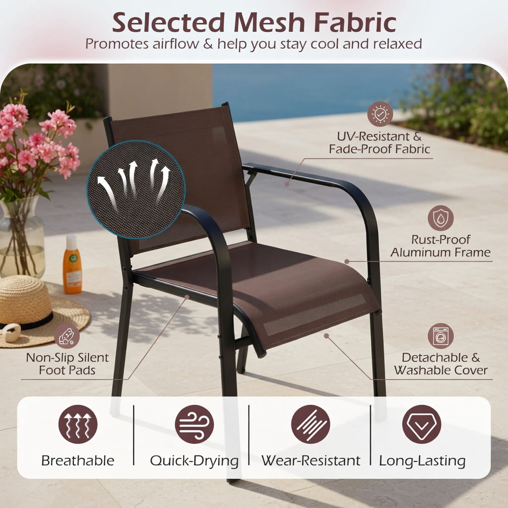 Hommoo Stackable Outdoor Patio Dining Chairs Set of 4, Metal Frame with Breathable Mesh Fabric, Easy Assembly for Patio, Balcony & Poolside Use, Coffee