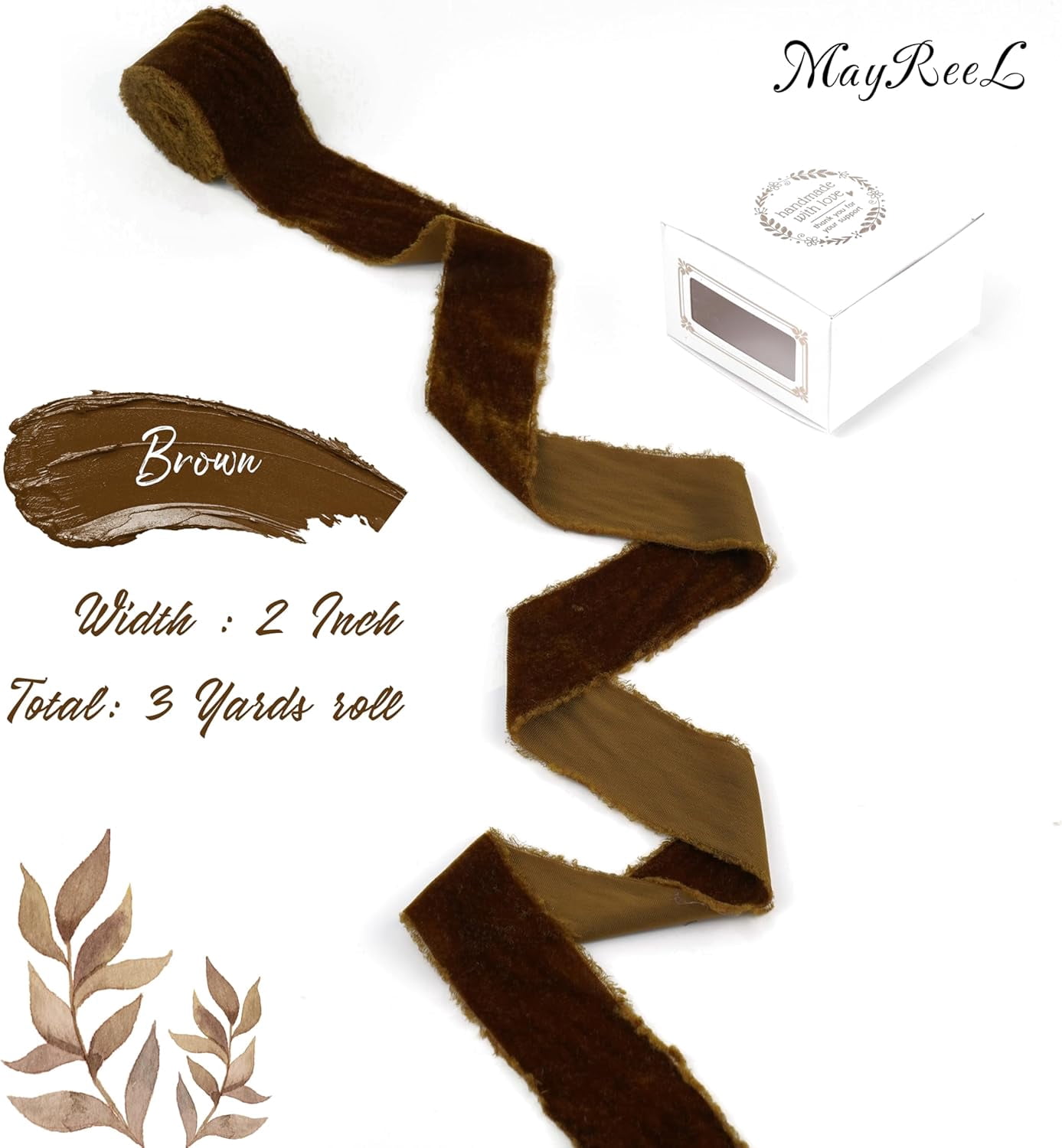 2 Inch Brown Velvet Ribbon Hand Torn Mahogany Silk Frayed Edge for Bridal Bouquets Invitations Wedding Vow Books Gift Baskets Hair Bows 3 Yards
