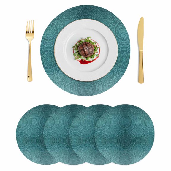Ethnic Floral Round 13 Inch Placemats Set of 4, Aqua Teal Vintage Tribe Abstract HeatResistant Non Slip Place Mats for Dining Table, Wipeable Braided Kitchen Table Mats for Housewarming