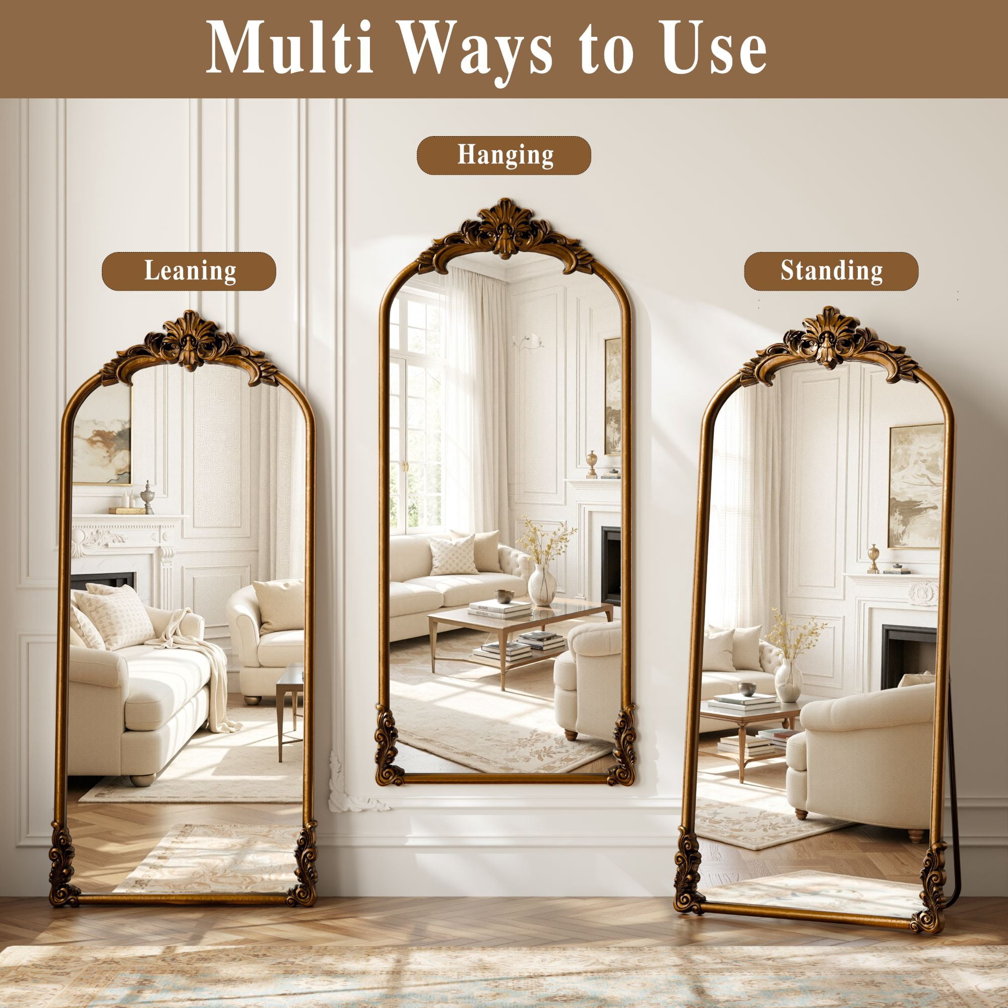 Easy4Home 69"x28" Arched Full-Length Floor Mirror Smooth Arch Top Floral Crest Standing Mirror, Antique Gold
