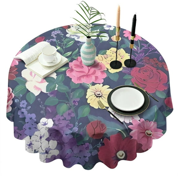 Pioneer Flower Floral Print Pattern Round Tablecloth 60"x60",Wrinkle Wipeable Table Cloth for Kitchen Dining Room Picnic Patio Party