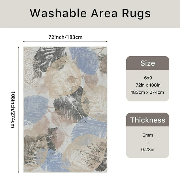 Modern Botanical Area Rugs 6x9, Natural Leaf Pattern Indoor Living Room Rug, Ultra-Thin Washable Rug with Non Slip Backing, Print Low Pile Soft Carpet for Bedroom, Dining Room, Blue/Beige
