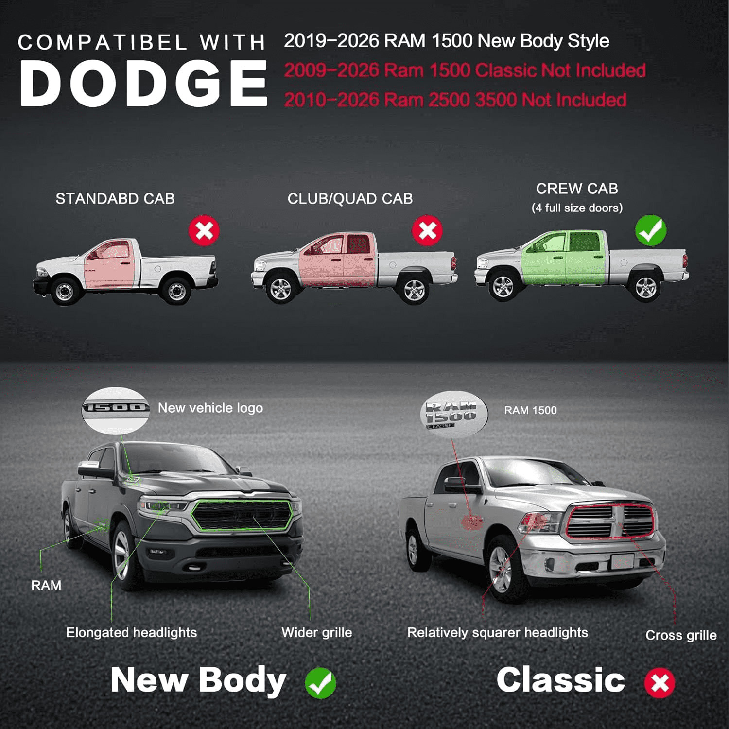 Running Boards & Side Steps for 2019-2026 Dodge ram 1500 Crew Cab New Body Style(2019-2026 Ram 1500 Classic & 2010-2026 Ram 2500 3500 Not Included) Two-Stair Side Rail Nerf Bars Step Bars All Weather