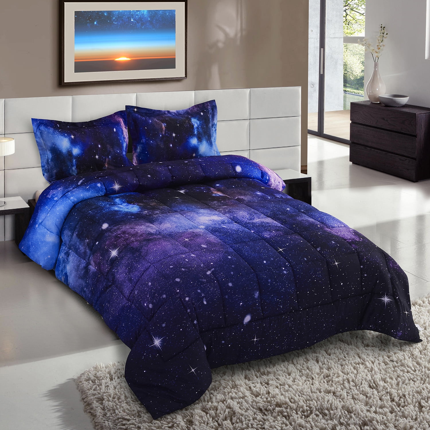 Blue 3 Pieces Comforter Set Galaxy Bedding Set Queen Size with 2 Matching Pillows