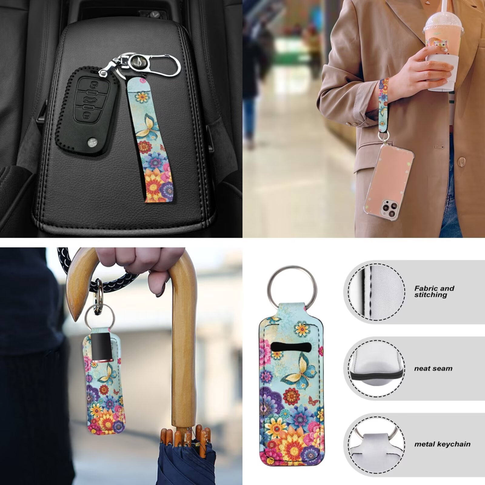 Garronmavis Dahlia Butterfly Fall Car Front Rear Bench Seat Protector Covers 13 Pieces Set, Seatbelt Pads, Steering Wheel Cover, Auto Coasters, Keychain, Key Ring Chapstick Holder,Console Cover
