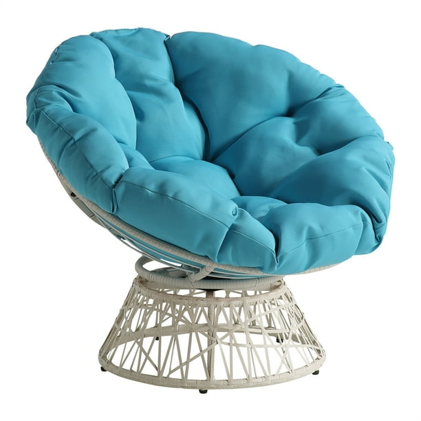 Papasan Chair with Blue Round Fabric Pillow Cushion and Cream