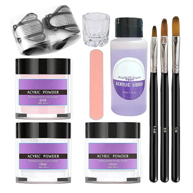 Nail Acrylic Nail Kit DIY Acrylic Powder Liquid Set with Nail Brush Nail File 3 Colours Nail Powder Kit for Beginners DIY Nail Manicure Kit