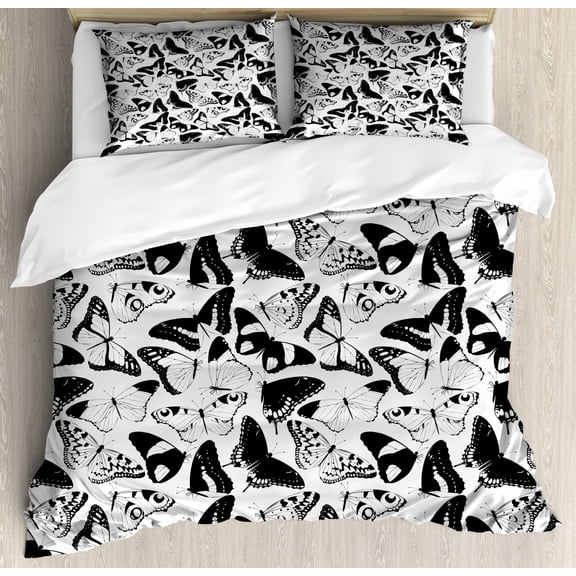 Butterfly Duvet Cover Set King Size, Bicoloured Silhouettes of Flying Insects with Different Style Wings, Decorative 3 Piece Bedding Set with 2 Pillow Shams, Charcoal Grey and White, by Ambesonne