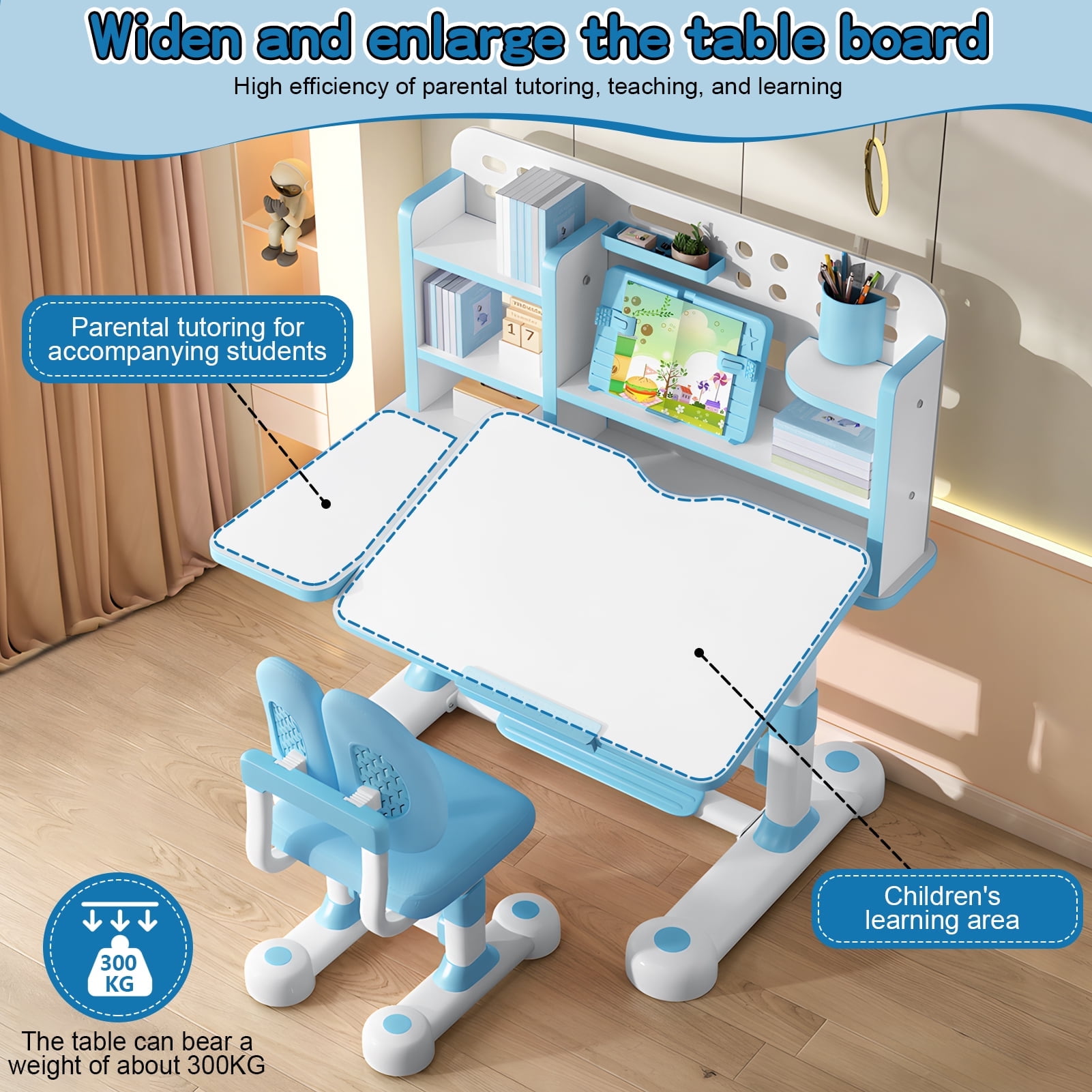 Fompes Kids Study Desk and Chair Set Height Adjustable Children's Desk and Chair Set with 50-Degree Tiltable Desktop LED Light Storage Drawer Book Stand Study Table with Chair for Bedroom Study Room