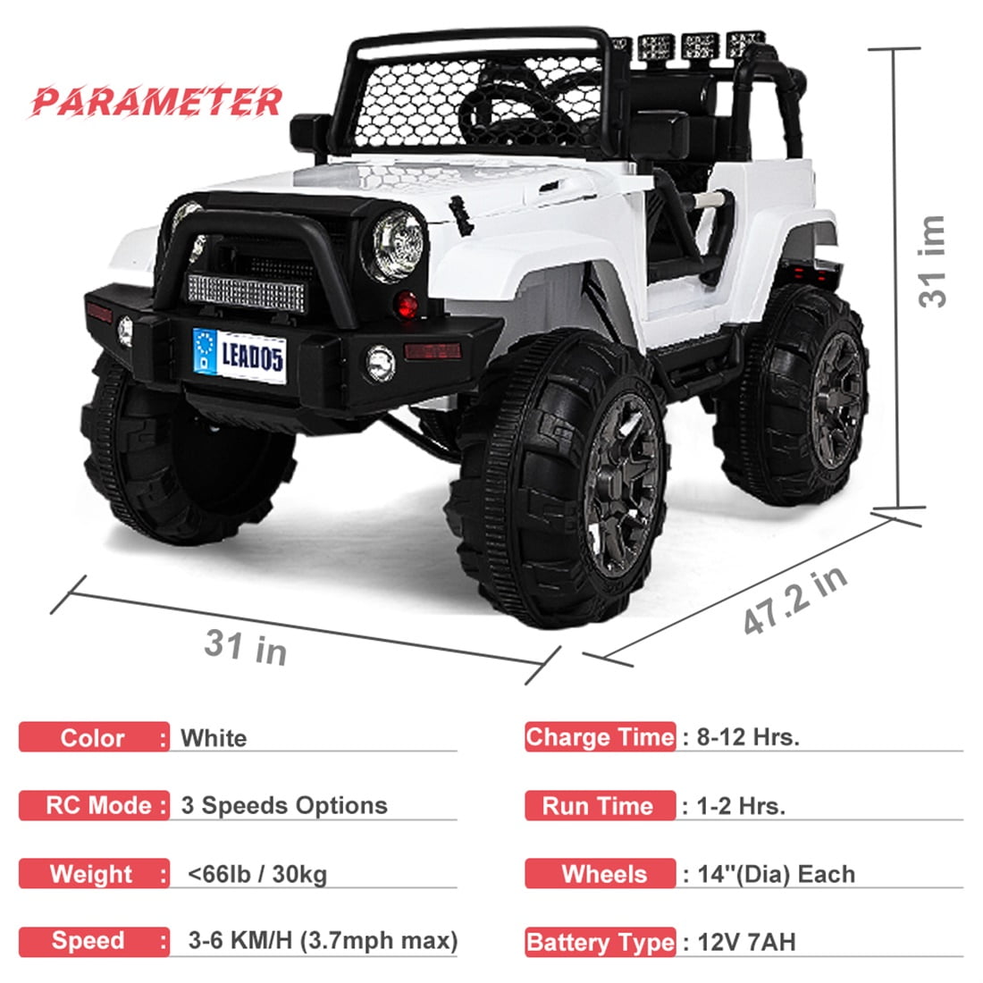 Ride On Truck, 12V Battery Powered Electric Ride On Car w/ 2.4 GHZ Parental Remote Control, LED Lights, Music (White)