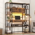 thumbnail image 2 of 6 Tier Bookcase with Writing Desk, LED Light Computer Desk with Hutch and Bookshelf, Storage Cabinet with Door, Storage Drawer, Brown, 2 of 10