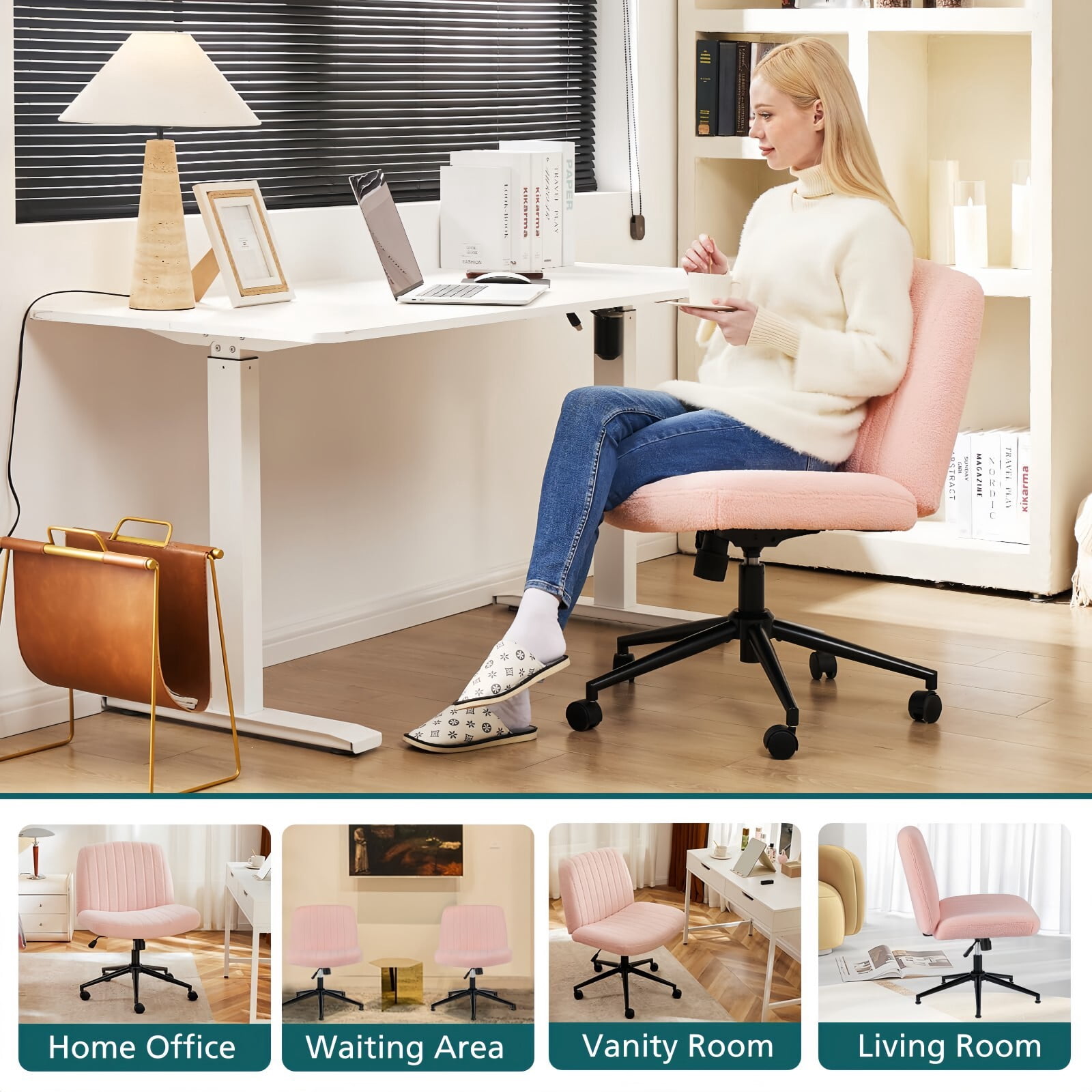 Kelno Armless Criss Cross Office Chair with Wheels 300lb Capacity Wide Seat Cross Legged Desk Chair Height Adjustable Swivel Vanity Chair, Pink Teddy