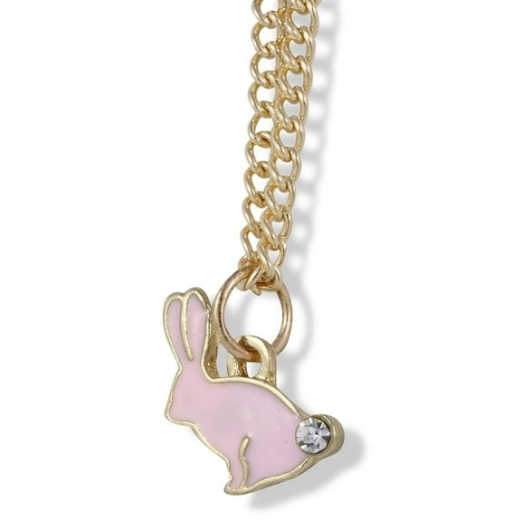 Bunny Rabbit with Rhinestone Tail Charm Gold Chain Necklace (Pink)