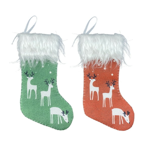 Zootealy Small Christmas Stocking 2 Pcs Xmas Stocking Christmas Tree Ornaments Decorations 6'' Reindeer with Plush Faux Fur Cuff for Family Holiday Season Decor