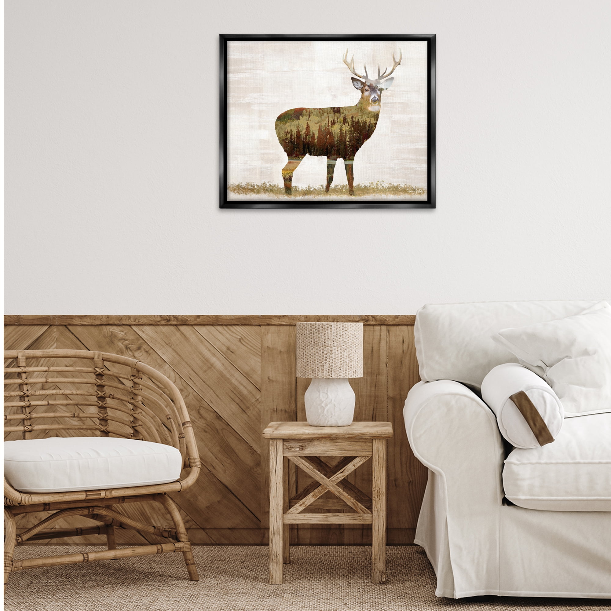Stupell Industries Forest Pattern Deer Animals & Insects Painting Black Floater Framed Art Print Wall Art, 31 x 25