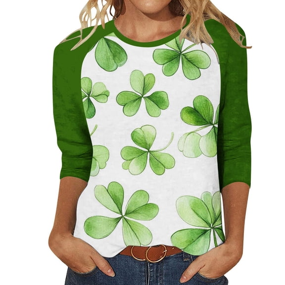 Aofany St Patricks Day Tops for Women 3/4 Sleeve Crewneck Shamrock Shirts Casual Trendy Festival Holiday Tunic Tee Tops