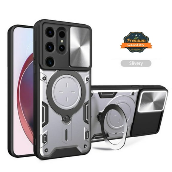 For Samsung Galaxy A26 Phone Case Hybrid Shockproof with Magnetic Ring Stand, Compatible with Magsafe & Sliding Camera Lens Protector Cover Silver