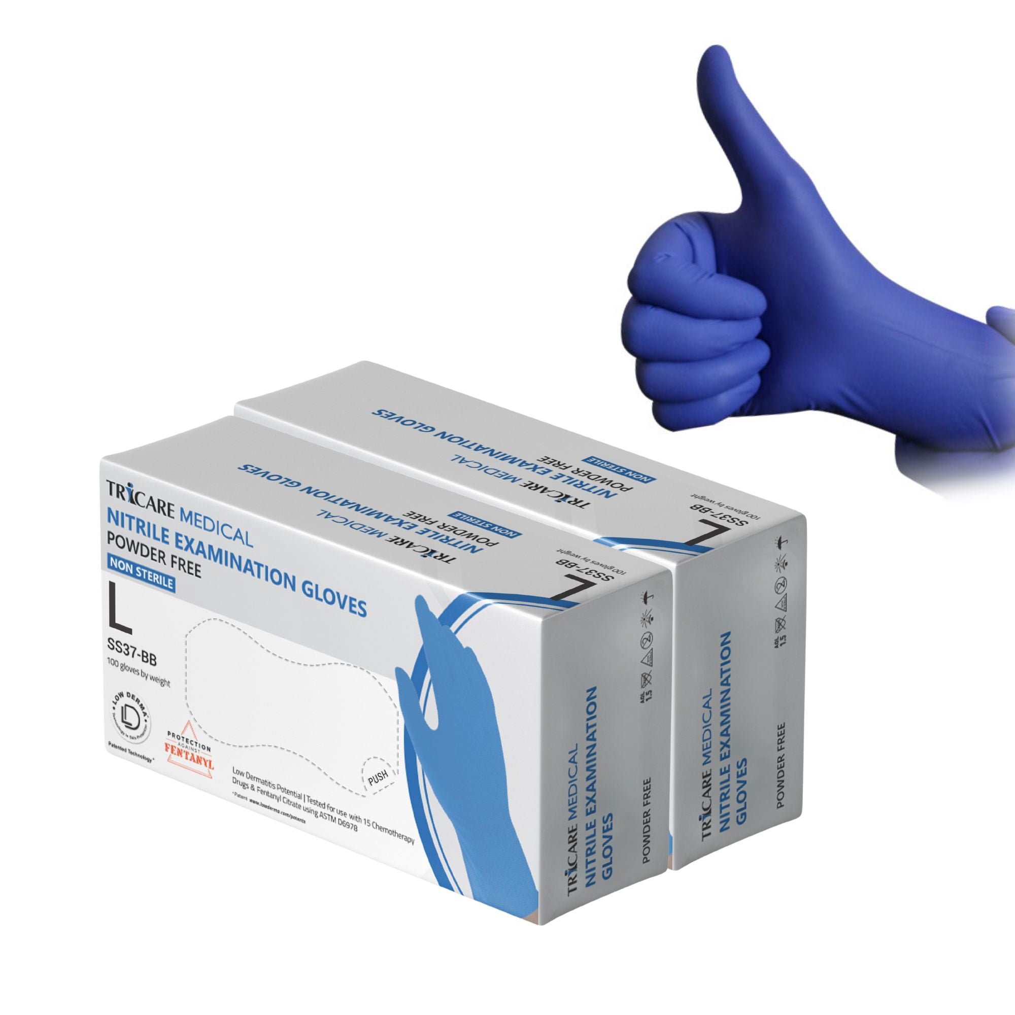 TRICARE Medical Nitrile Exam Gloves, Large, 200 Count, Blue, Low Derma, Powder-Free, 4.7 Mil
