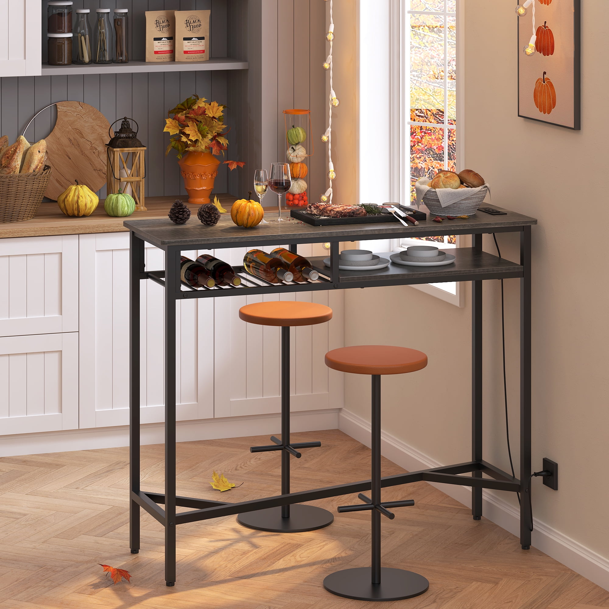 Yoneston 47.25" Bar Table with Charging Station, Rectangular High Kitchen Dining Counter Table with 2 Storage Shelves for Living Room Office Balcony, Black Oak