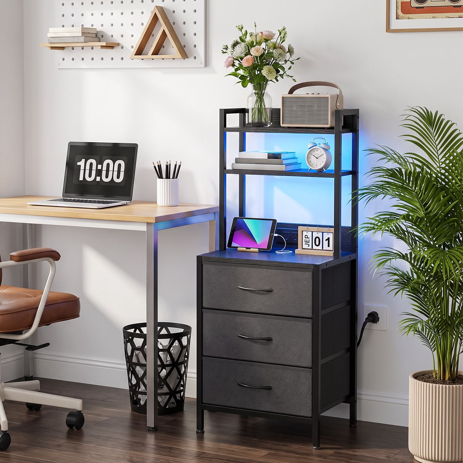 3-Drawer Nightstand with Charging Station and LED Light, Fabric Storage Dresser with 2-Tier Open Shelf, Wood Grain Bedside Table with Power Outlet and USB Ports