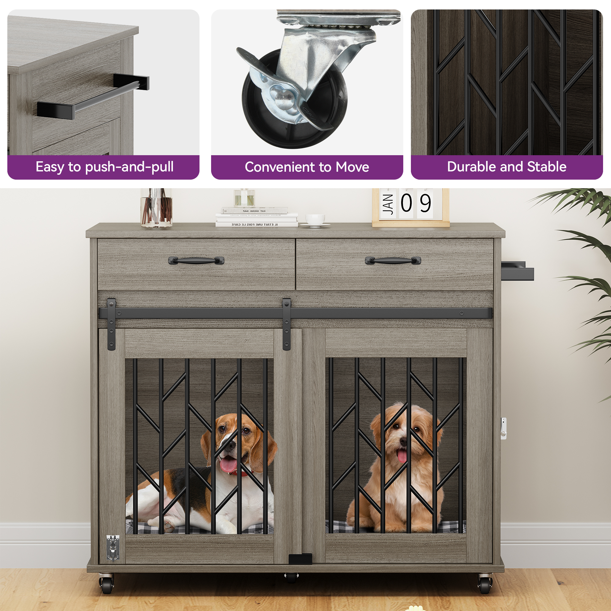 Uforic Grey 39 Inch Indoor Dog Crate Furniture End Table with Drawer & Wheels