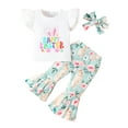 thumbnail image 2 of Musuos Kid Girls Pants Set, 12 18 24M 3 4T Fly Sleeve Letters Print T-shirt with Bunny Print Flare Pants and Headband Easter Outfit, 2 of 10
