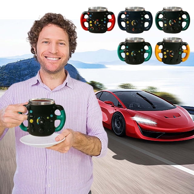 Taza de Acero Inoxidable con Diseño de Volante | Taza Aislante de Doble Pared para Amantes de Los Coches | Asa Ergonómica | Fácil de Limpiar | 1 Unidad