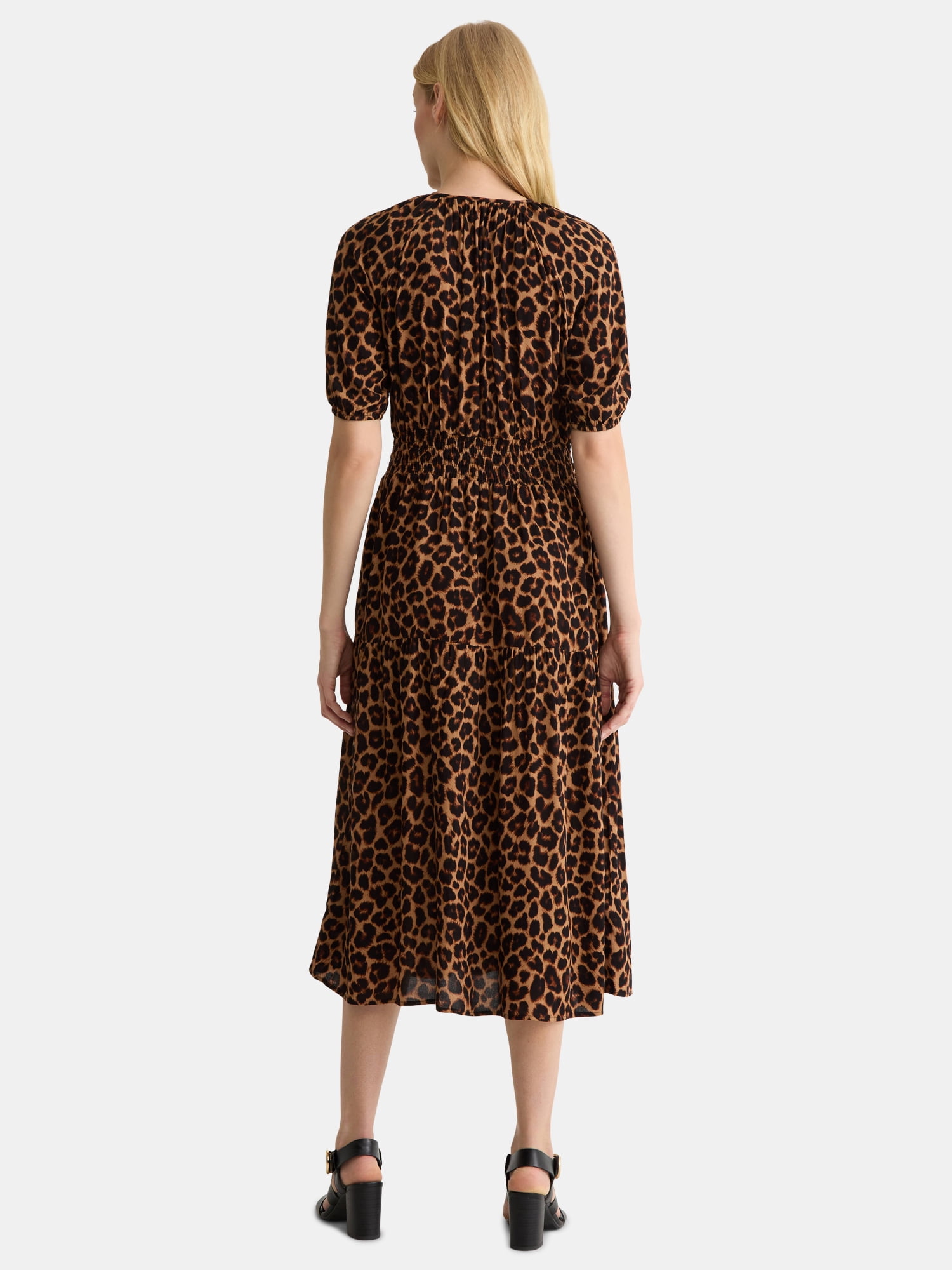 Time And Tru Women's Tiered Smocked Waist Midi Dress with Short Sleeves, Sizes XS-XXXL