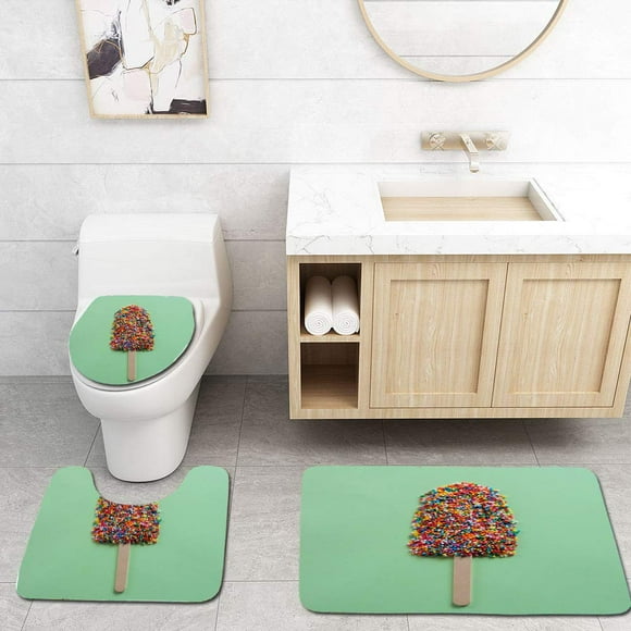 EREHome Rainbow Sprinkled Popsicle 3 Piece Bathroom Rugs Set Bath Rug Contour Mat and Toilet Lid Cover