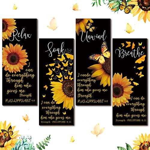 4 Pcs Sunflower Wall Decor Signs Wooden Hanging Soak Relax Unwind Breathe Butterfly Theme Wall Art for Bathroom Home Office Living Room(Rustic)