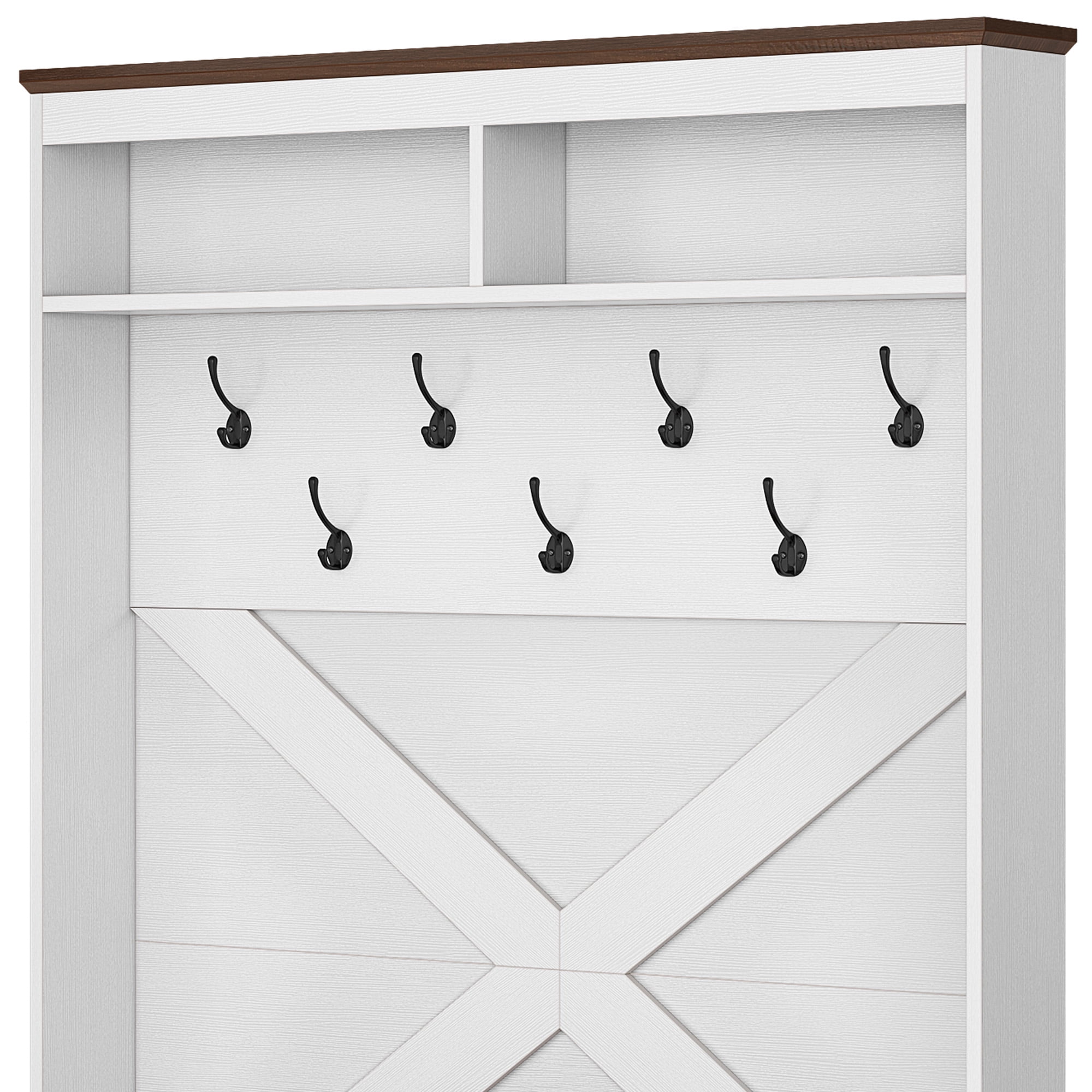 ModFusion White & Walnut L-Shaped Corner Entryway Hall Tree with Hooks, Flip-Top Storage, and Shoe Bench