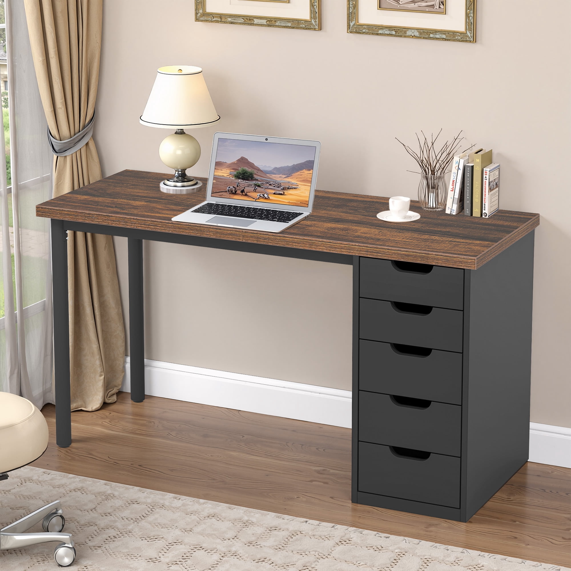 MAYEERTY 47.24" Industrial Desk, 5 Drawers with Metal Rails, 1.18" Thick Engineered Wood