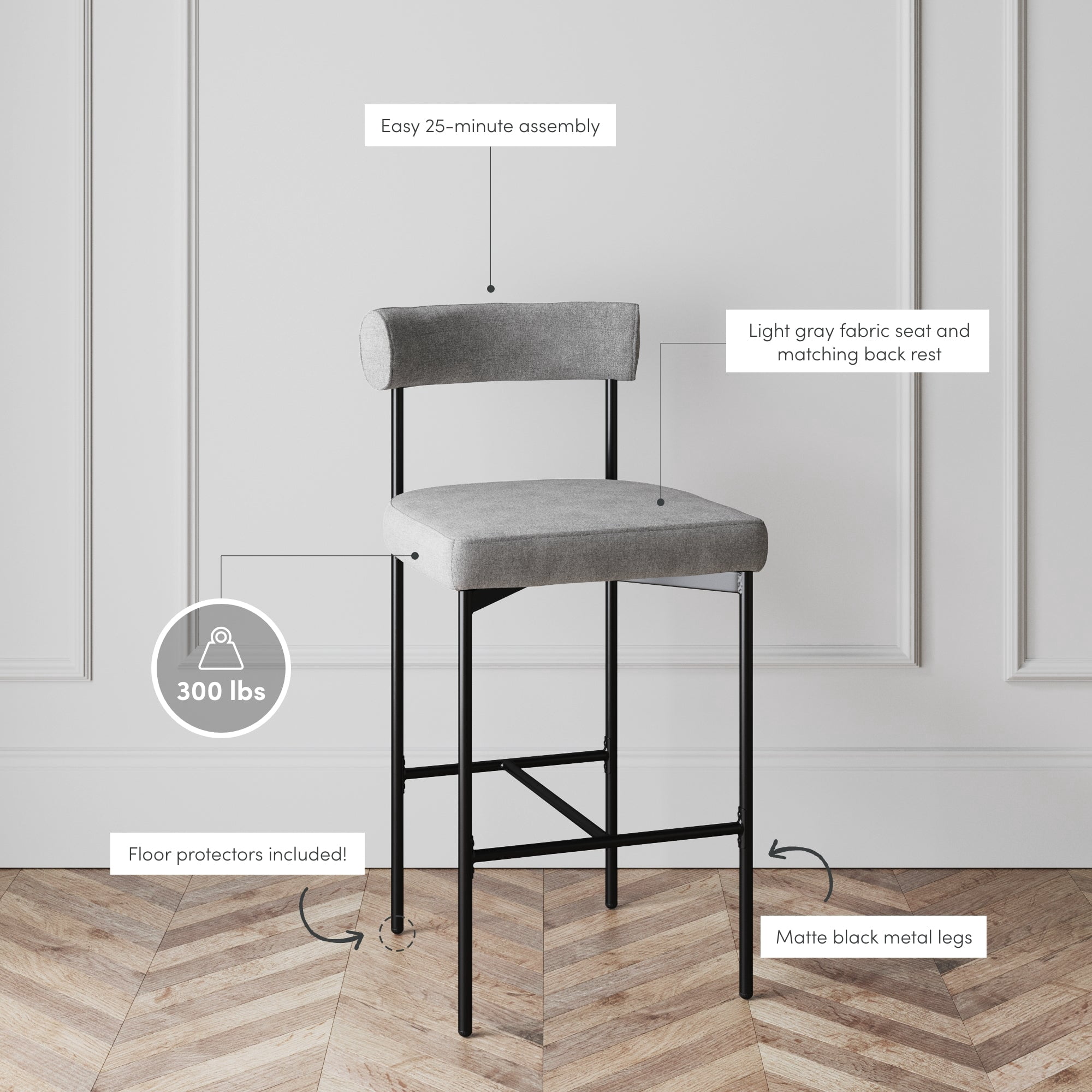 Nathan James Dahlia Bar Stool with Back & Mid-Century Metal Legs, Light Gray/Black