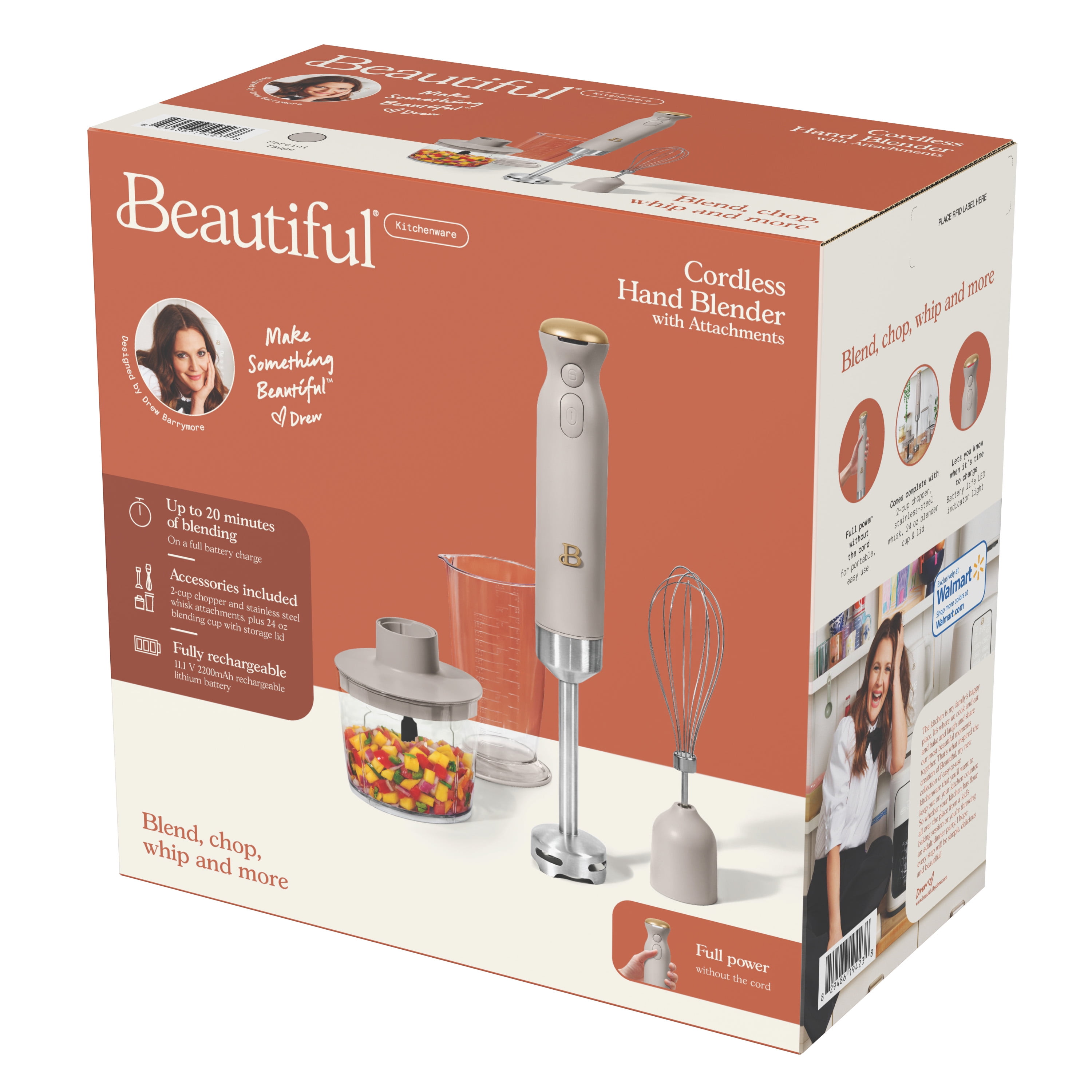 Beautiful Cordless Immersion Blender with Chopper, Whisk & Measuring Cup, Porcini Taupe by Drew Barrymore