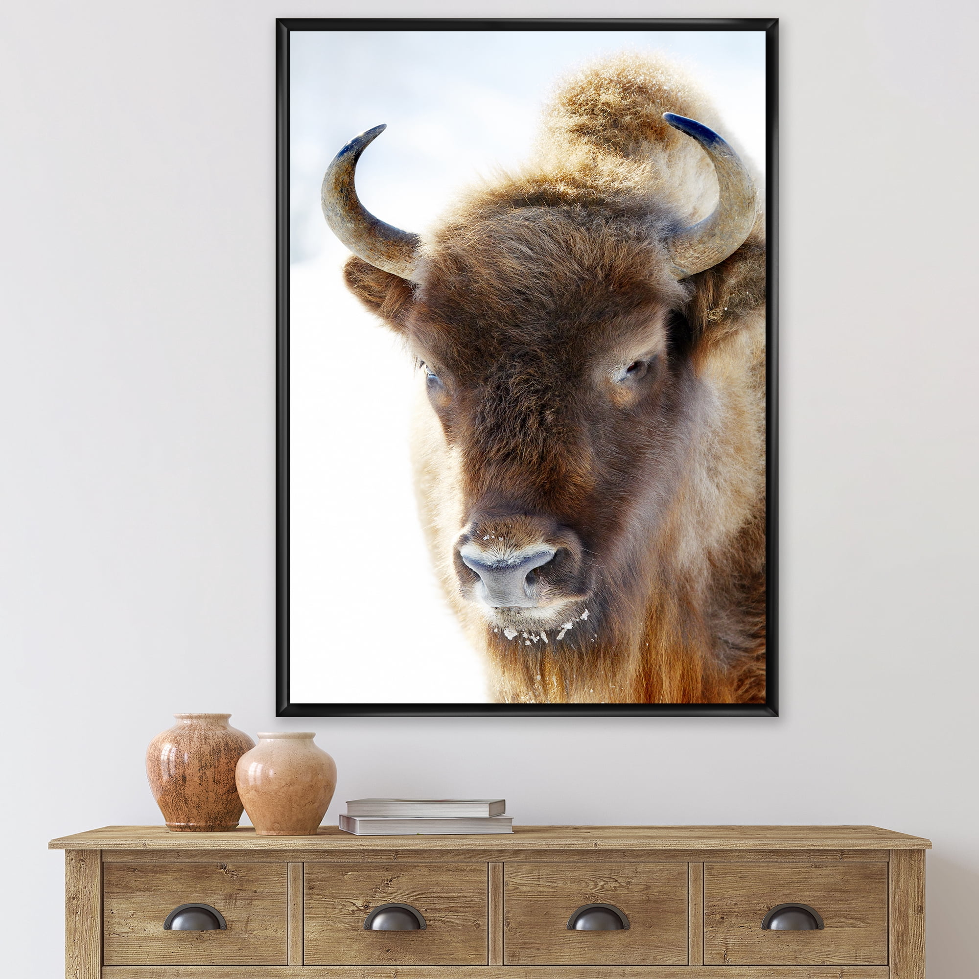 Designart 'Close UP Of Wild Bison' Farmhouse Framed Canvas Wall Art Print