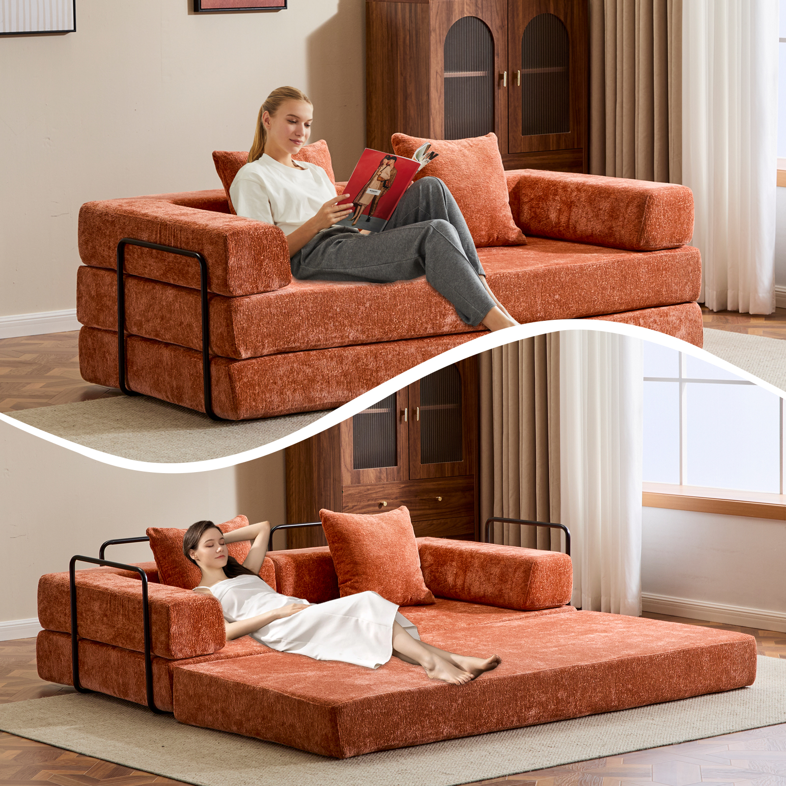 Miniyam 4 in 1 Convertible Floor Sofa Bed, Chenille Floor Couch with Armrest, Pillow for Living Room, Orange