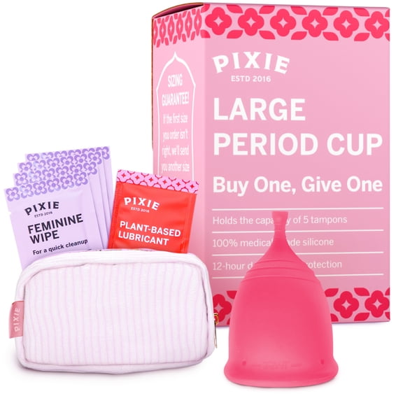 Pixie Menstrual Cup - No Metals or Toxins - 100% Medical-Grade Silicone - Ranked 1 for The Most Soft Reusable Period Cup - Wear 12 Hours - Tampon Alternative - Buy One We Give One (Large)