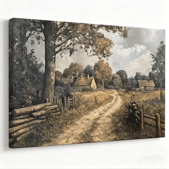 Vintage Country Lane Cottage Canvas Wall Art Rustic Farmhouse Landscape Painting Print Retro Home Decor 12×8