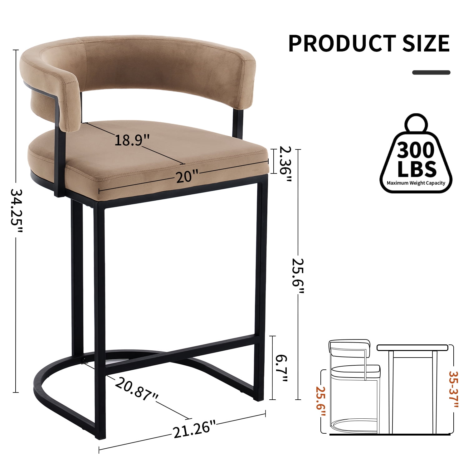 Set of 2 Beige Modern Velvet Bar Stools with Barrel Backrest, Upholstered Seat, Metal Footrest 25.6 Inch Seat Height, Ideal for Counters, Home Bars, and Kitchen Islands